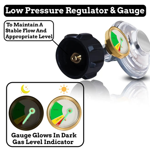 12 Ft Propane Regulator Hose With Gauge Stainless Braided QCC1 Adapter For 20lb Tanks, showing glow in dark gauge