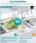 Comparison of wireless garbage disposal switch and traditional air switch, highlighting easy installation, no drilling for wireless.