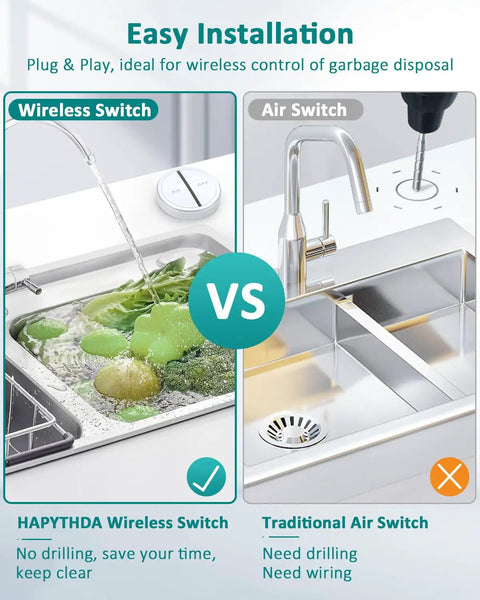 Comparison of wireless garbage disposal switch and traditional air switch, highlighting easy installation, no drilling for wireless.