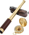 Old School Pirate Telescope Spyglass Zoomable 25x30 Portable Collapsible Handheld Monocular With Copper Pocket Compass For Camping Boating Survival Gear And Outdoor Adventures, with case