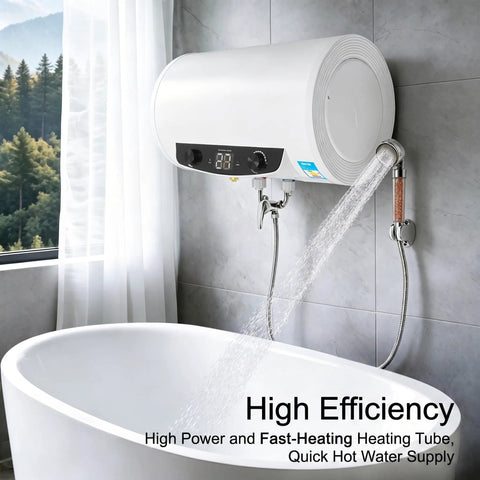 Wall Mounted Electric Tank Water Heater Boasts Kickin Hot Water Flow For Quick Showers And Cooking Tasks Featuring Fast Heating Elements And Spacious Capacity.