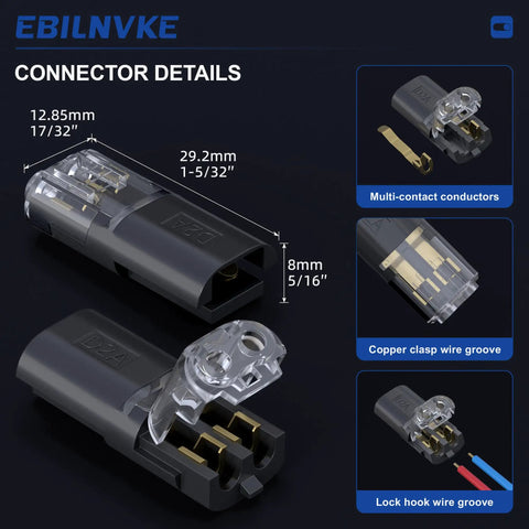 Heavy Duty Double Wire Plug Connectors 20 Pack With Secure Snap Locking Buckles 18 To 16 Awg showing dimensions and features.