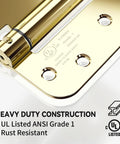 Close-up of JOYNY 2-pack 4-inch self-closing door hinges in gold finish, UL listed