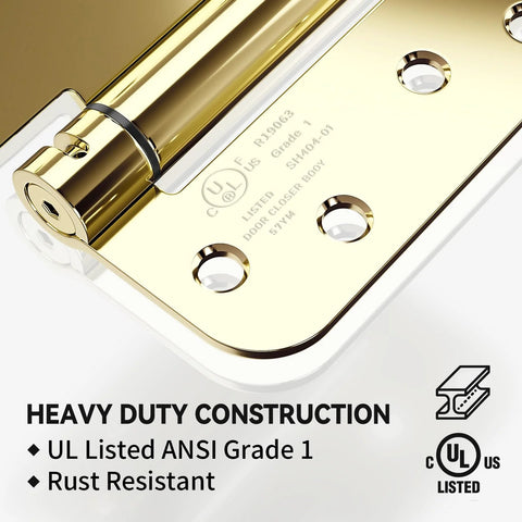 Close-up of JOYNY 2-pack 4-inch self-closing door hinges in gold finish, UL listed