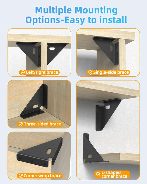 Bulletproof Heavy Duty Triangle Corner Brace Brackets For Wood Furniture Repair, Black Steel Supports in various mounting options.