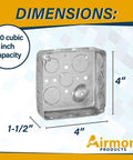 Heavy Duty Welded Steel Four By Four Junction Box And Blank Cover Kit For Pro Grade Installations, Four Inch Square Electrical Box With One And A Half Inch Depth, Flat Blank J Box Cover, Twenty One Cubic Inches Capacity, dimensions shown