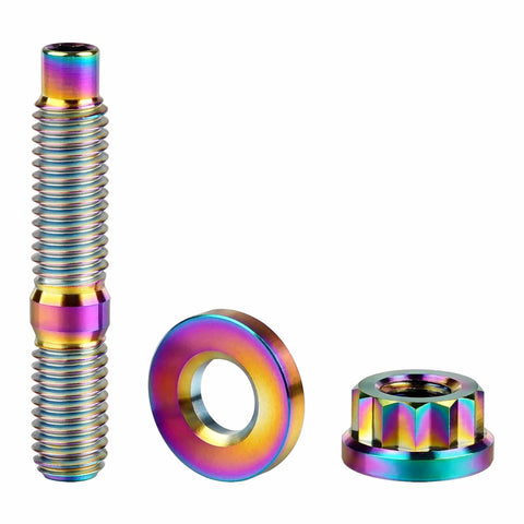 Beefy Titanium Exhaust Manifold Bolt Kit M8 x 1.25 Pitch 45mm Studs With Flange Nuts And Washers Rainbow Titanium Finish