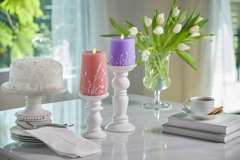 Flameless Moving Flame Goblet Candle With LED Pillar 4 By 4.5 Inch Embossed Floral Print Unscented Real Wax in lavender glow