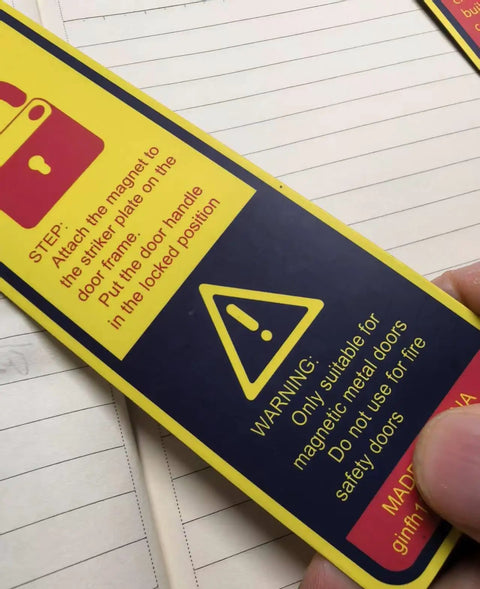 Six Pack Magnetic Lockdown Strips For Iron Door Frames With High Density Magnets, safety warning label visible