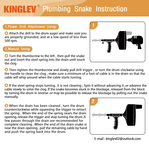 Illustration of 25ft Heavy Duty Drain Auger Plumbing Snake With Drill Adapter For Sink showing drill attachment and usage instructions.