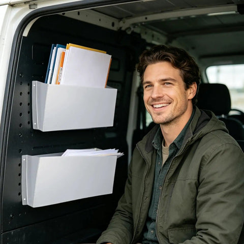 Tough As Nails Aluminum Van Storage Rack Wall Mount Organizer with papers in compartments, inside vehicle, smiling man seated.
