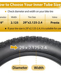 Two Pack 29 Inch Bike Tube With 48mm Presta Valve Fits 29 x 2.125 To 2.4 MTB Tires Butyl Rubber Inner Tube Plus Two Tire Levers Easy Install For Mountain Biking And Trail Riding sizing guide