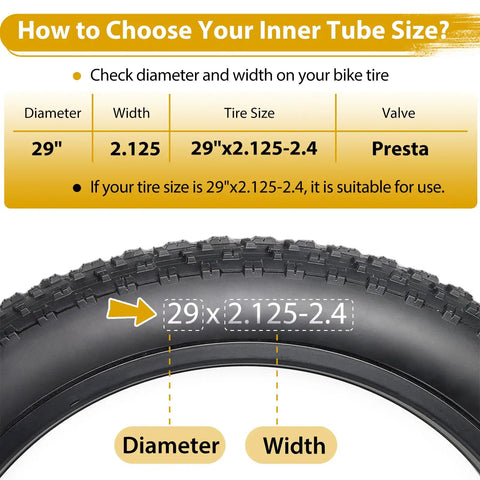 Two Pack 29 Inch Bike Tube With 48mm Presta Valve Fits 29 x 2.125 To 2.4 MTB Tires Butyl Rubber Inner Tube Plus Two Tire Levers Easy Install For Mountain Biking And Trail Riding sizing guide