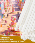 Cotton Candy Sticks And Paper Cones Pack 50 Pcs 11.8 Inch Candy Holder Sticks against a colorful candy town backdrop.