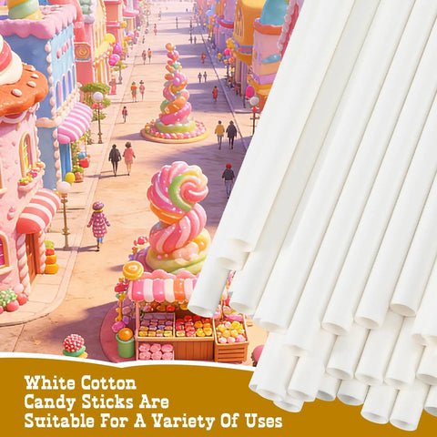 Cotton Candy Sticks And Paper Cones Pack 50 Pcs 11.8 Inch Candy Holder Sticks against a colorful candy town backdrop.