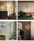 Dimmable 3-Light Oil Rubbed Bronze Farmhouse Floor Lamp With Amber Glass Shades in various room settings