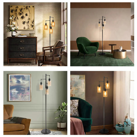 Dimmable 3-Light Oil Rubbed Bronze Farmhouse Floor Lamp With Amber Glass Shades in various room settings