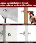 Heavy Duty Molly Bolts For Drywall Kit In Three Sizes 0.12 Inch To 1.28 Inch Metal Hollow Wall Anchors And Screws With Setting Tool 34 Pieces Suitable For Drywall Hollow Walls And Plaster Secure And Easy Installation installed in various surfaces.