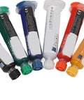 Six colored tubes of UV Cure Solder Mask Ink for PCB Protection, Oil Resistant Mask Paste for BGA PCBs in assorted colors.