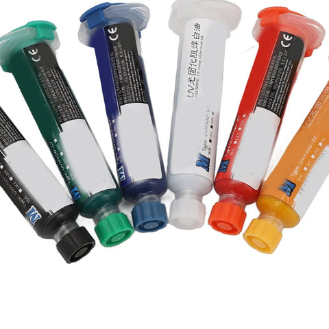 Six colored tubes of UV Cure Solder Mask Ink for PCB Protection, Oil Resistant Mask Paste for BGA PCBs in assorted colors.
