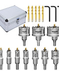 Beefy 10Pcs TCT Carbide Hole Saw Kit 14-60mm with 3 extra pilot bits, hex key, and metal case for metalworking and wood cutting.