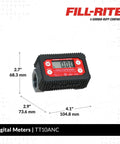 Inline 1 Inch Digital Turbine Meter for Chemical Transfers, Nickel Plated Housing, front view with dimensions