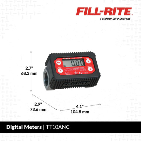 Inline 1 Inch Digital Turbine Meter for Chemical Transfers, Nickel Plated Housing, front view with dimensions