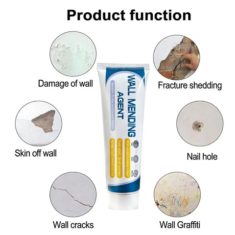 Drywall Repair Kit For Holes And Cracks, Quick-Drying Wall Mending Paste With Scraper displayed with wall damage types.