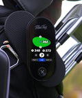 Ringer Magnetic Golf GPS Handheld With Touch Screen Display, Water Resistant Range Finder on golf bag showing distance