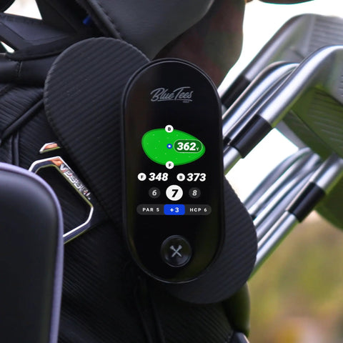Ringer Magnetic Golf GPS Handheld With Touch Screen Display, Water Resistant Range Finder on golf bag showing distance