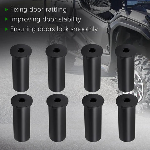 Hard Hitting Door Bushing Kit For Honda Pioneer Rattle Fix 8 Piece Upgrade shown with black bushings and UTV background