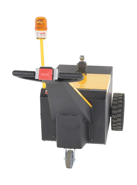 Back view of Rock Heavy Duty Electric Powered Tugger 7k with steering handle, battery compartment, and alert light.