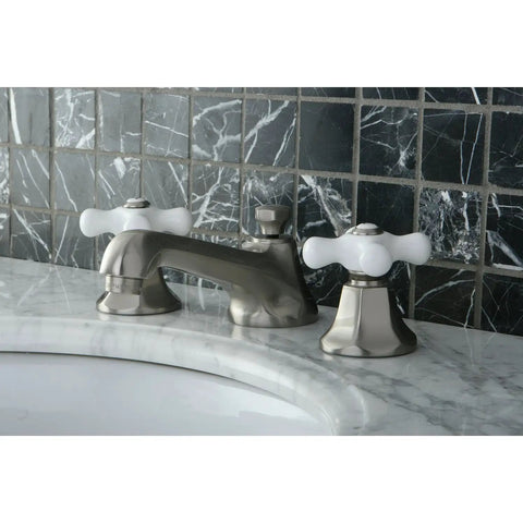 New York 8 to 16 Inch Widespread Lavatory Faucet With Brass Pop Up Drain No Drip Ceramic Disc Cartridge Satin Nickel Finish