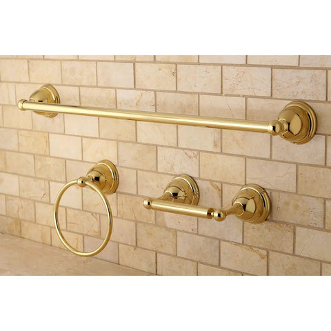 Restoration 3-Piece Towel Bar Set in polished brass with towel bar, towel ring, and toilet paper holder on tiled wall