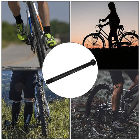 Collage showing 12 x 142mm Bicycle Thru Axle Adapter for Quick Release Rear Hub, cycling in various outdoor settings