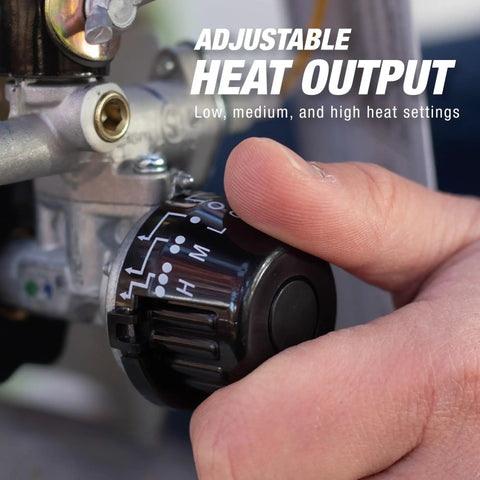 Close-up of hand adjusting heat setting on 15,000 BTU Single Tank Top Portable Propane Radiant Heater With Adjustable 15,000 12,500 And 10,000 BTU Levels, Quiet Instant Radiant Heat, Tip-Over Safety Switch, Up To 29 Hour Run Time On A 20 lb Tank, Outdoor Use Only.