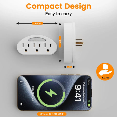 Heavy Duty Plug And Play Triple Wall Tap Extender With Glowing LED Light, compact design with dimensions next to iPhone 17 Pro Max.