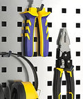 Hardened Steel Tool Cabinet With Anti Rust Finish And Tight Lock For Tall Workshop Storage displaying colorful pliers on a pegboard.