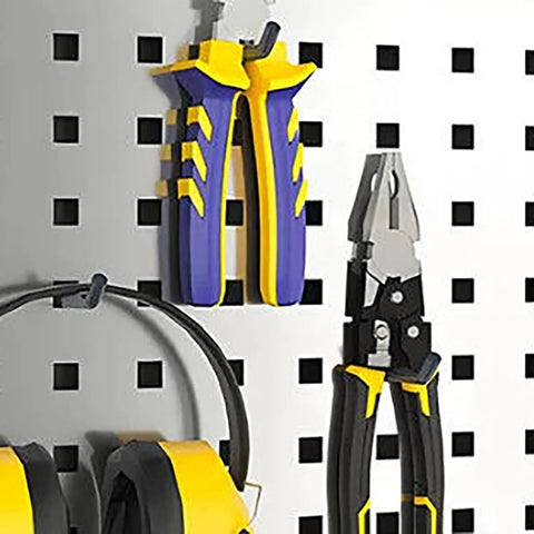 Hardened Steel Tool Cabinet With Anti Rust Finish And Tight Lock For Tall Workshop Storage displaying colorful pliers on a pegboard.