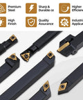 Indexable Lathe Turning Tool Set With Seven Tool Holders And Fourteen Carbide Inserts And Eight Wrenches For Turning, Grooving, Boring, And Threading Great For Home Machinists And Pros shown with tool holders and carbide inserts.