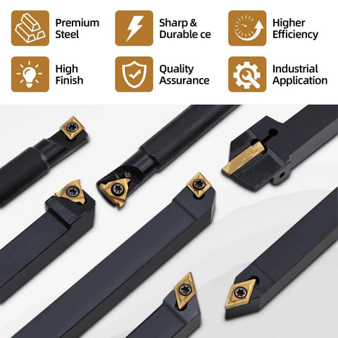 Indexable Lathe Turning Tool Set With Seven Tool Holders And Fourteen Carbide Inserts And Eight Wrenches For Turning, Grooving, Boring, And Threading Great For Home Machinists And Pros shown with tool holders and carbide inserts.