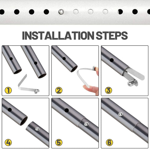 Installation steps for 21 Pieces Push Button Spring Clips Kit In 7 Sizes Stainless Steel V Shaped Tent Pole Clips kit.
