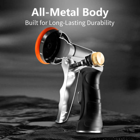 All-metal spray nozzle from Retractable Garden Hose Reel With 130 Feet Of Heavy Duty Wall Mount, 5/8 Inch Hose, 9 Pattern Nozzle.