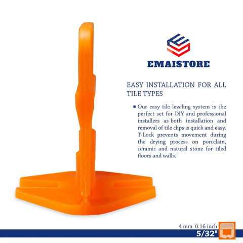 Close-up of orange 4 mm leveling clip from Pro Grade Tile Leveling System With 600 Spacers, easy install text visible.