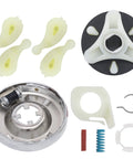Washer clutch assembly kit with motor coupling and four light-yellow agitator dogs, plus springs and spacers