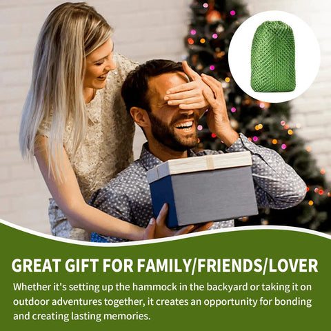 Couple with gift box and Ultra Durable Camping Hammock With Mesh Net For Outdoor Adventures Portable Hanging Bed image