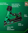 Cordless 18V Brushless 15-Gauge Angled Finish Nailer Kit With 2.0Ah Battery showing air spring drive and tool-less depth adjustment.