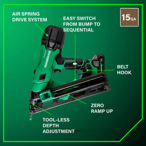 Cordless 18V Brushless 15-Gauge Angled Finish Nailer Kit With 2.0Ah Battery showing air spring drive and tool-less depth adjustment.