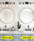 Dope Matte Black Five Light Wall Sconce With Clear Glass Shades, Modern Vanity Lighting showing warm and cold light effects in bathroom