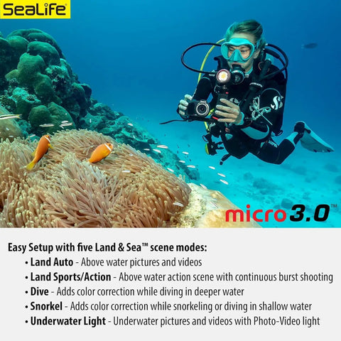 Diver using Micro 3.0 Pro 3000 Color Boost Underwater Camera and Light Set near coral reef with text details below.